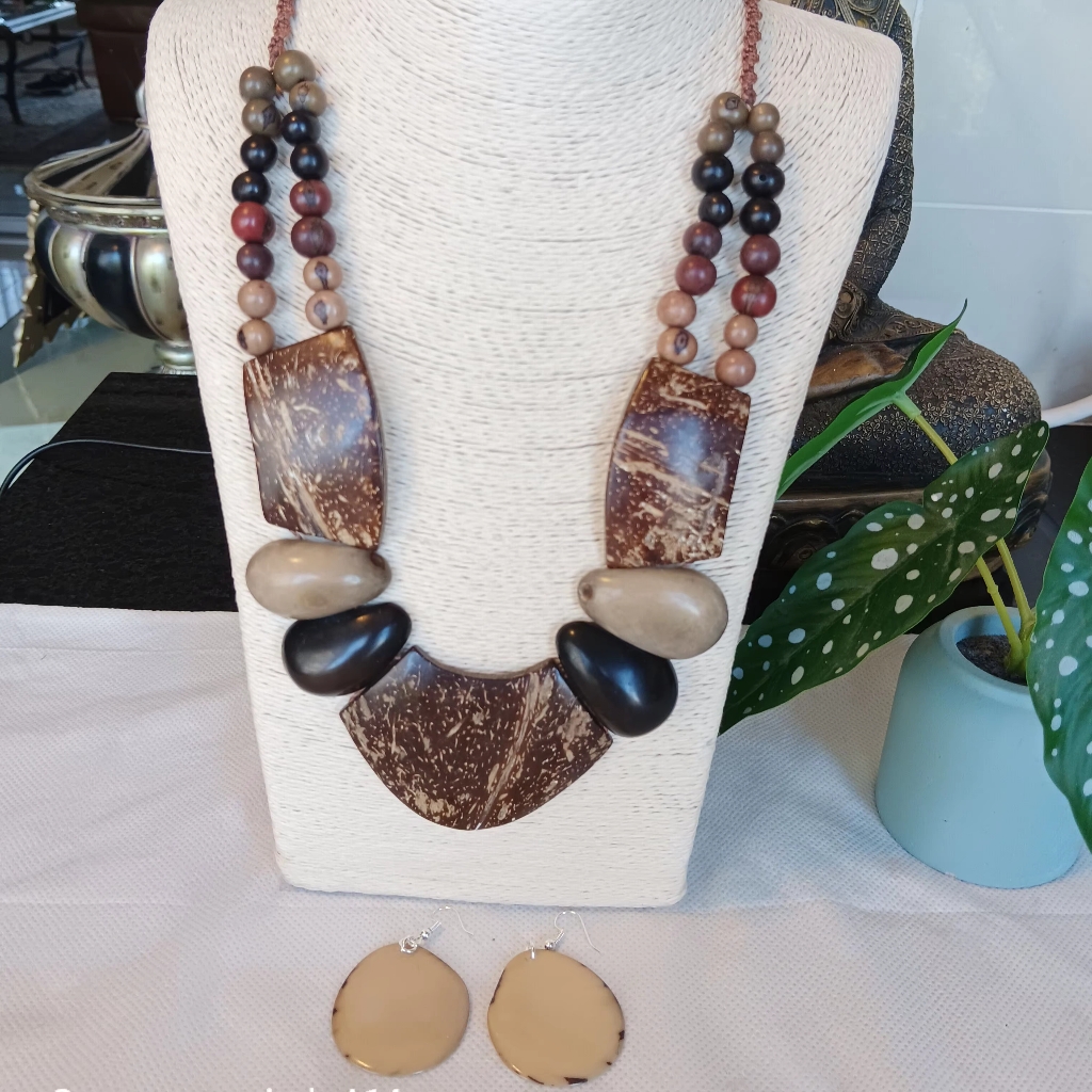 Tagua Nut Necklace Set, Earrings, Earth Tones, Coconut Shell, Artisanal